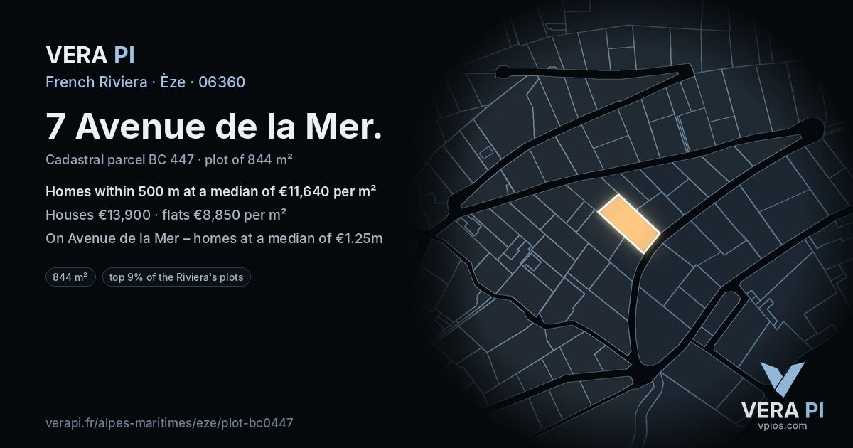 7 Avenue de la Mer, Èze at night – the plot lit, the parcels around coloured by the prices near them