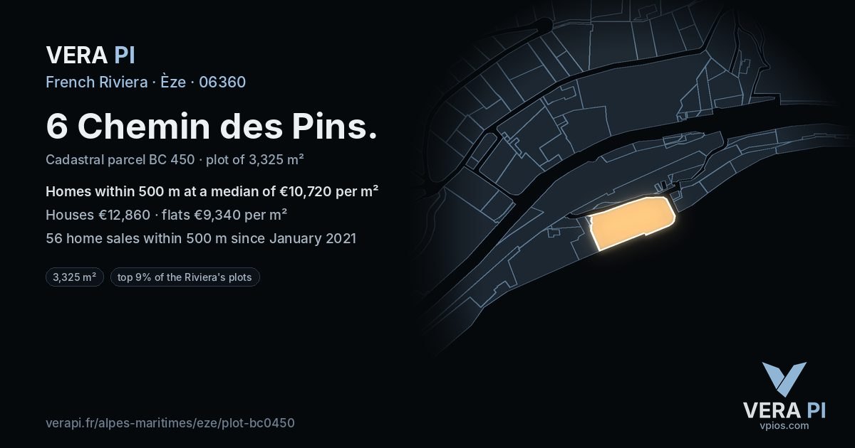 6 Chemin des Pins, Èze at night – the plot lit, the parcels around coloured by the prices near them