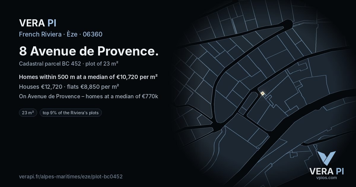 8 Avenue de Provence, Èze at night – the plot lit, the parcels around coloured by the prices near them