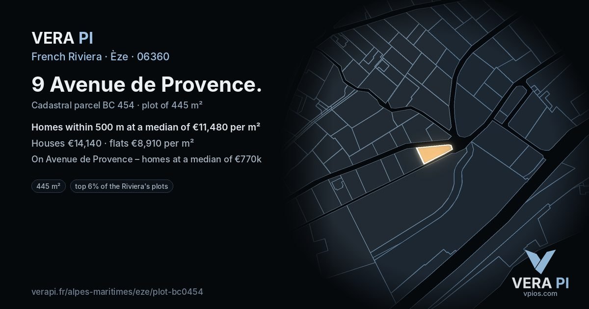 9 Avenue de Provence, Èze at night – the plot lit, the parcels around coloured by the prices near them
