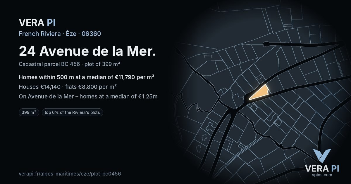 24 Avenue de la Mer, Èze at night – the plot lit, the parcels around coloured by the prices near them