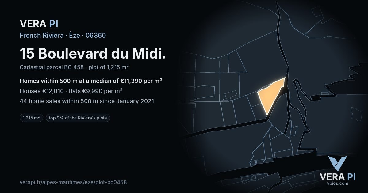 15 Boulevard du Midi, Èze at night – the plot lit, the parcels around coloured by the prices near them