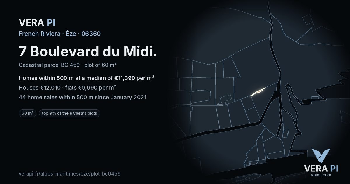 7 Boulevard du Midi, Èze at night – the plot lit, the parcels around coloured by the prices near them