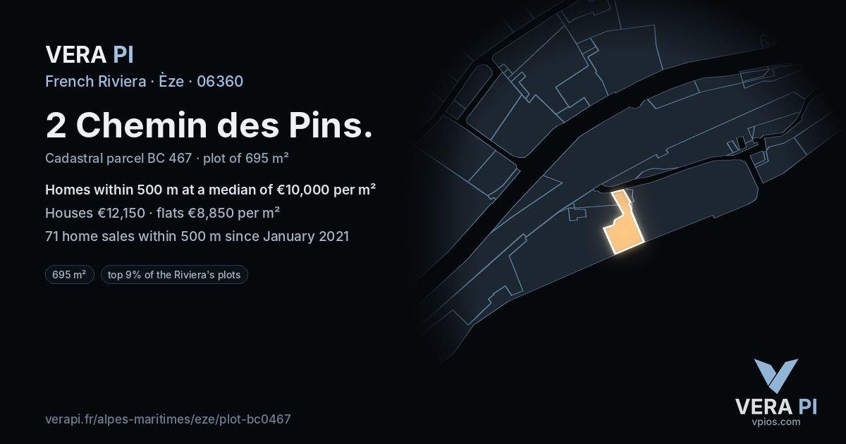 2 Chemin des Pins, Èze at night – the plot lit, the parcels around coloured by the prices near them