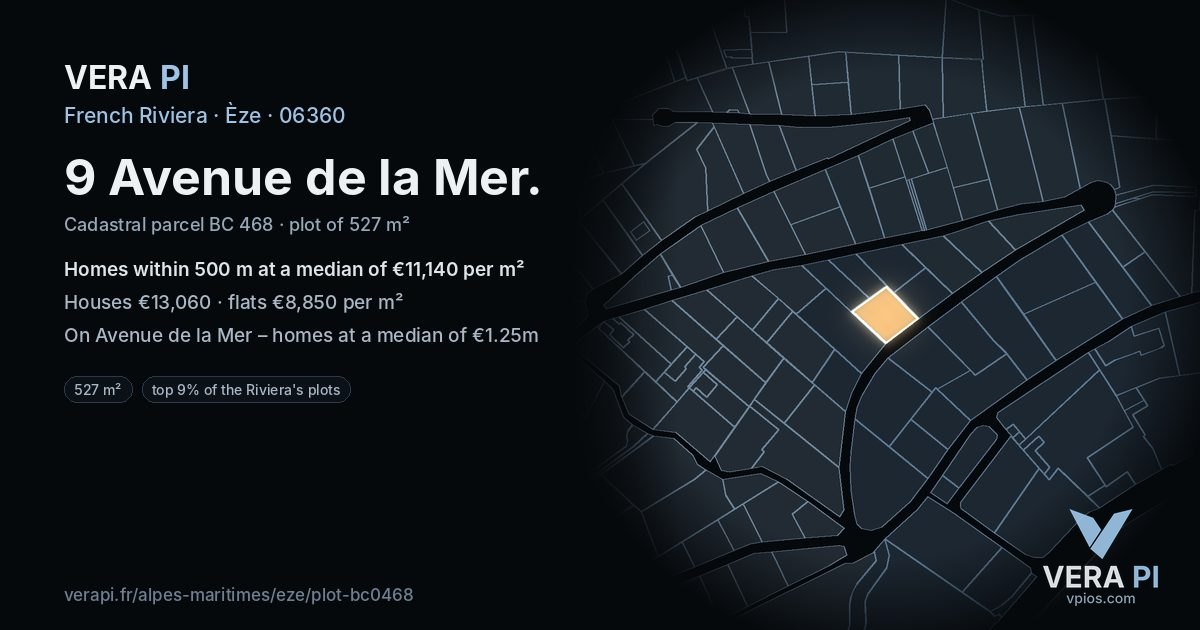 9 Avenue de la Mer, Èze at night – the plot lit, the parcels around coloured by the prices near them