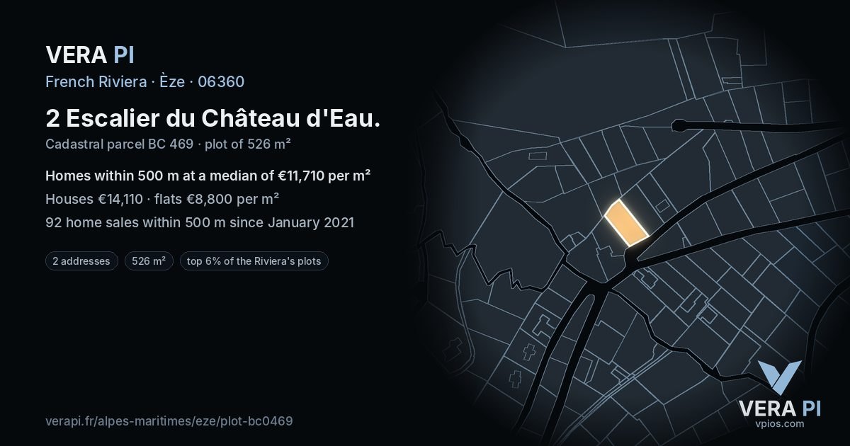 2 Escalier du Château d'Eau, Èze at night – the plot lit, the parcels around coloured by the prices near them