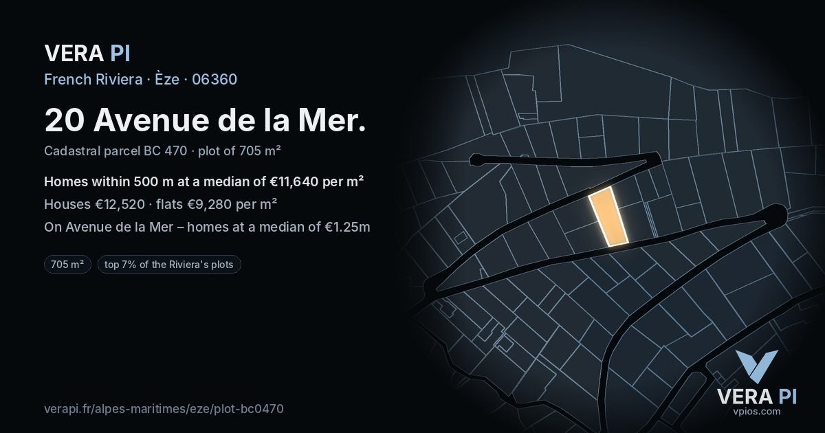 20 Avenue de la Mer, Èze at night – the plot lit, the parcels around coloured by the prices near them