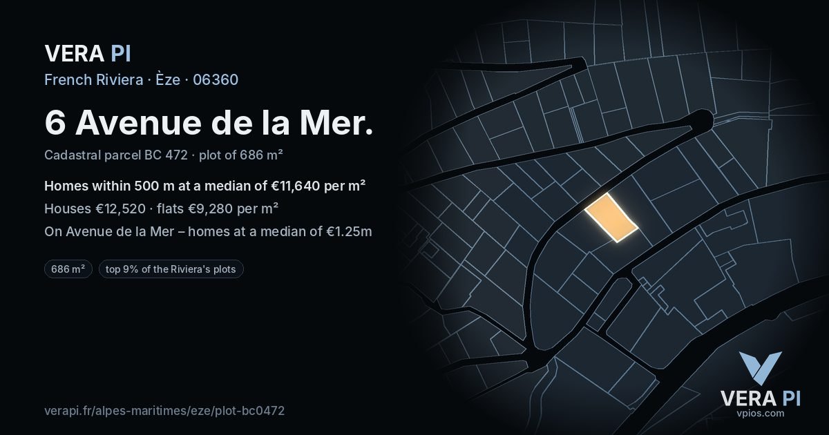 6 Avenue de la Mer, Èze at night – the plot lit, the parcels around coloured by the prices near them