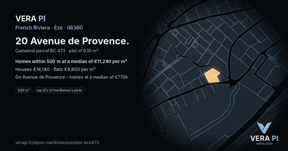 20 Avenue de Provence, Èze at night – the plot lit, the parcels around coloured by the prices near them