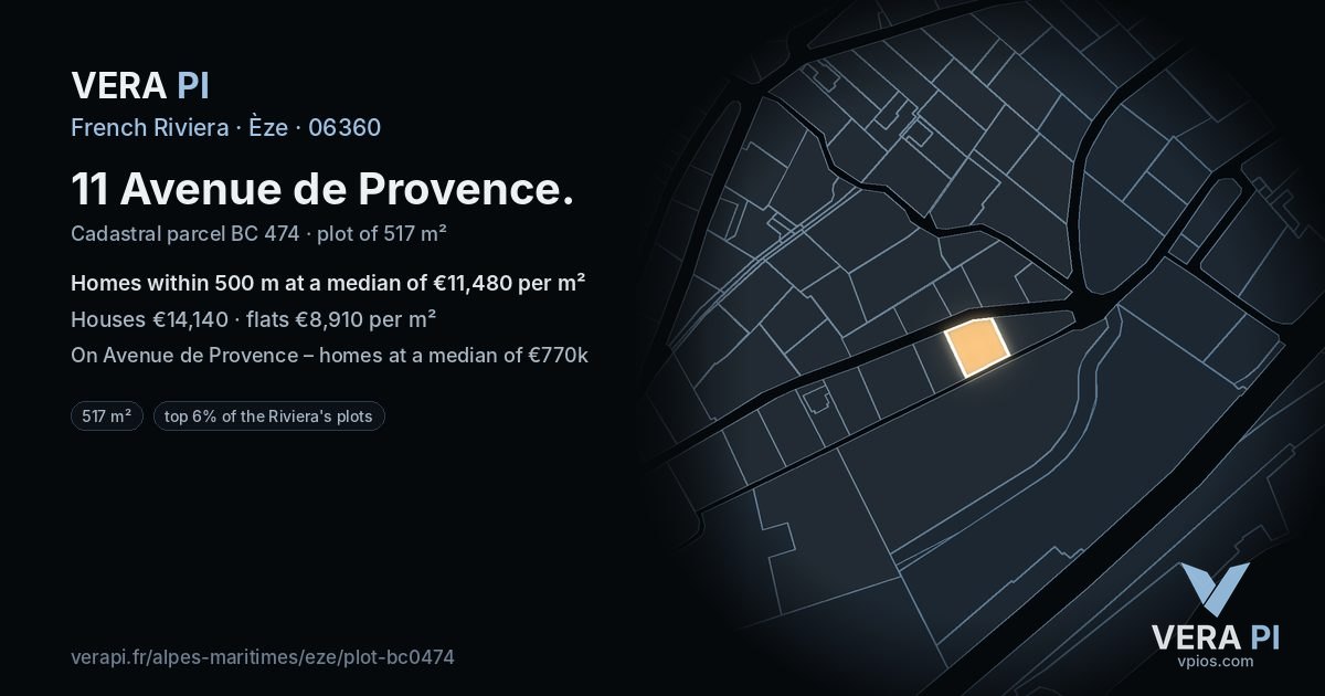 11 Avenue de Provence, Èze at night – the plot lit, the parcels around coloured by the prices near them