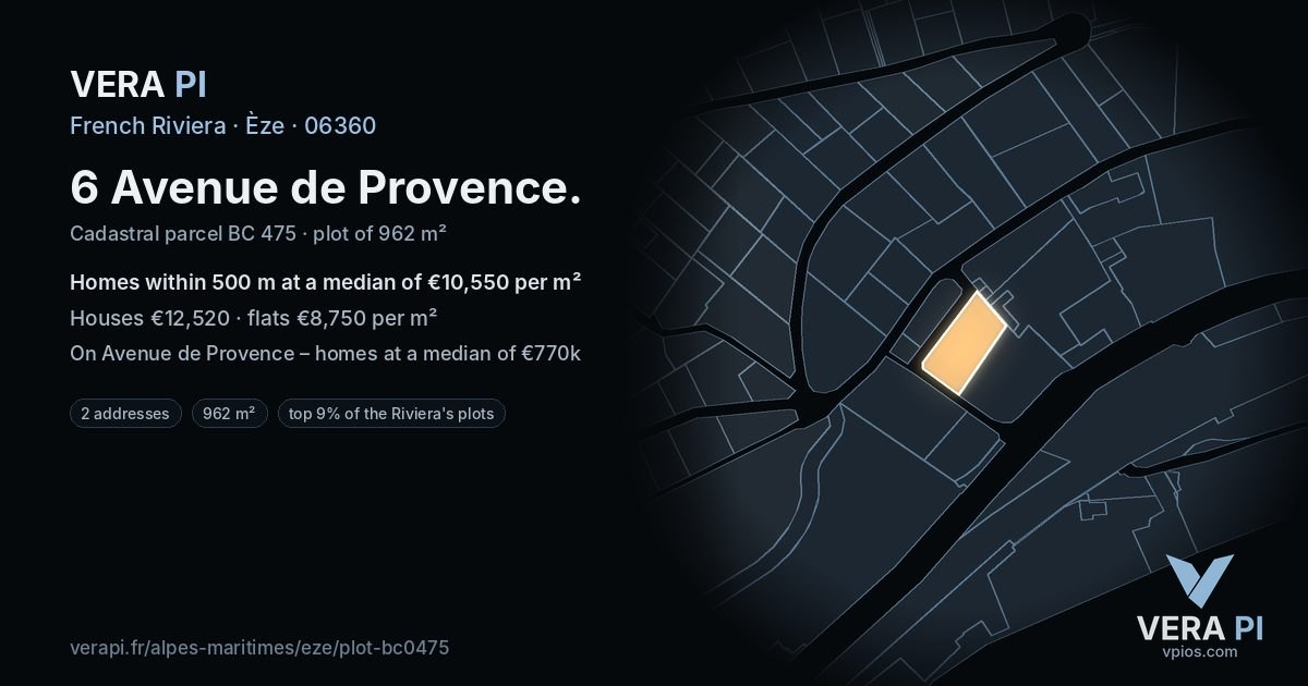 6 Avenue de Provence, Èze at night – the plot lit, the parcels around coloured by the prices near them