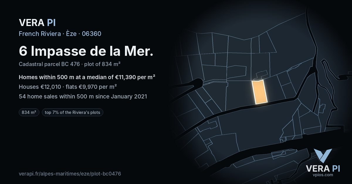 6 Impasse de la Mer, Èze at night – the plot lit, the parcels around coloured by the prices near them