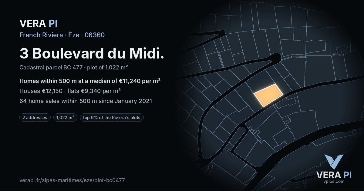 3 Boulevard du Midi, Èze at night – the plot lit, the parcels around coloured by the prices near them