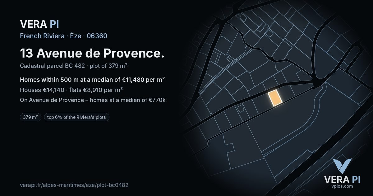 13 Avenue de Provence, Èze at night – the plot lit, the parcels around coloured by the prices near them