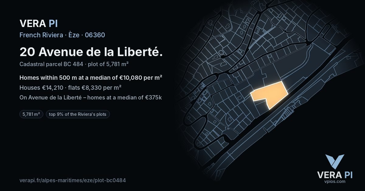 20 Avenue de la Liberté, Èze at night – the plot lit, the parcels around coloured by the prices near them