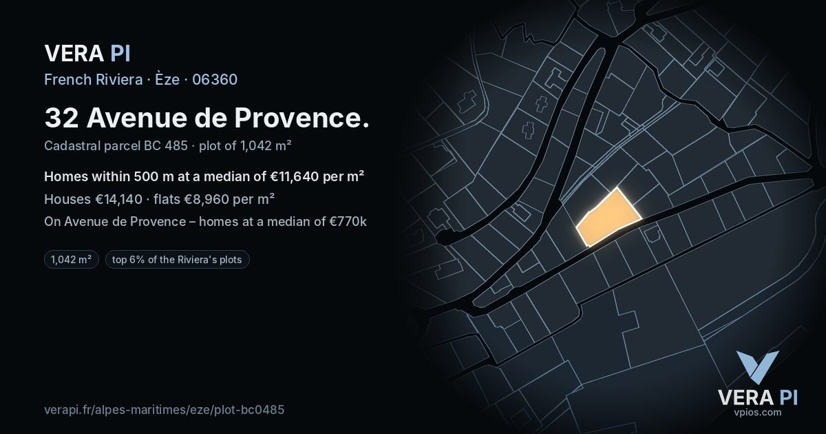 32 Avenue de Provence, Èze at night – the plot lit, the parcels around coloured by the prices near them