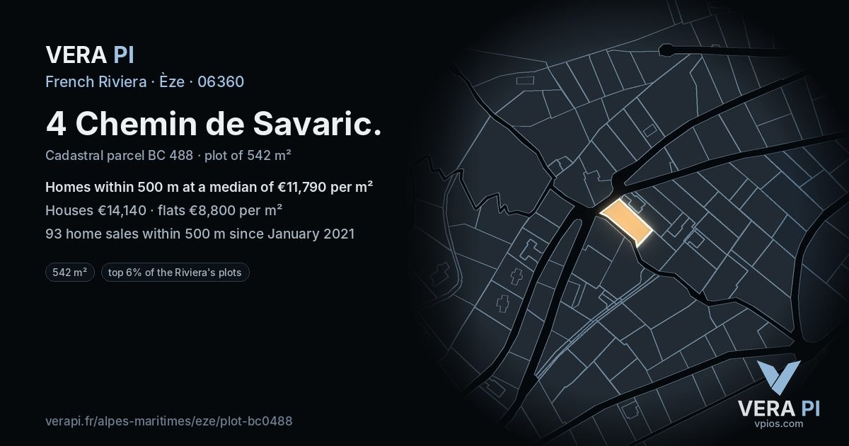 4 Chemin de Savaric, Èze at night – the plot lit, the parcels around coloured by the prices near them