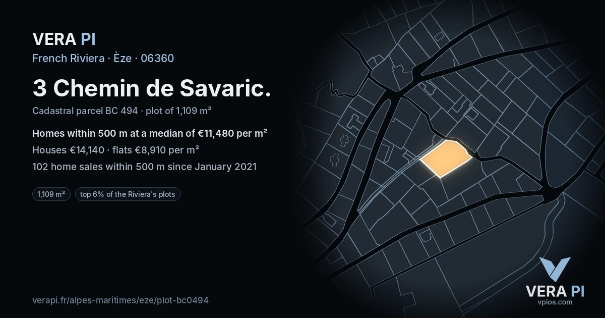 3 Chemin de Savaric, Èze at night – the plot lit, the parcels around coloured by the prices near them