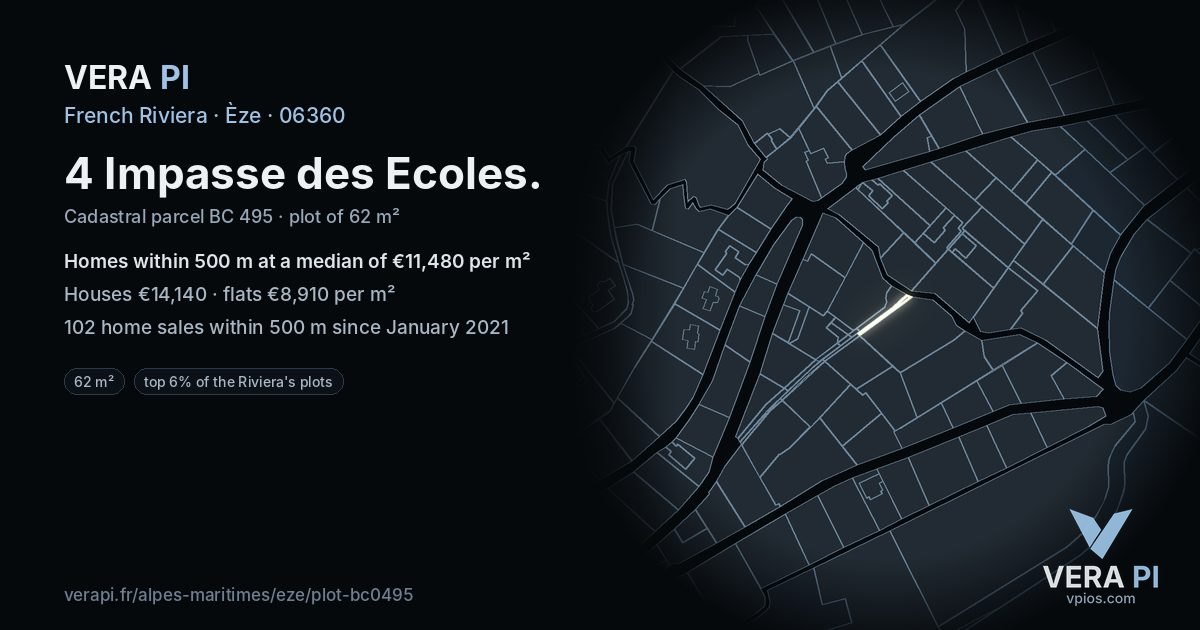 4 Impasse des Ecoles, Èze at night – the plot lit, the parcels around coloured by the prices near them
