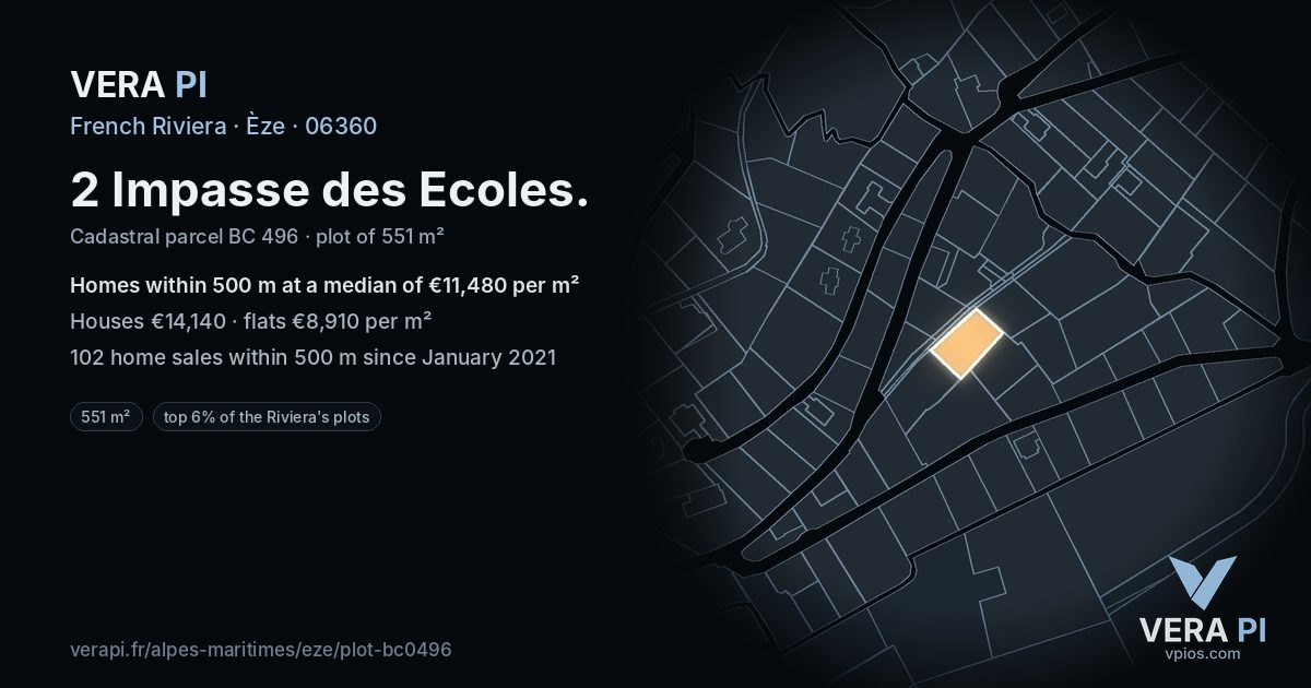 2 Impasse des Ecoles, Èze at night – the plot lit, the parcels around coloured by the prices near them