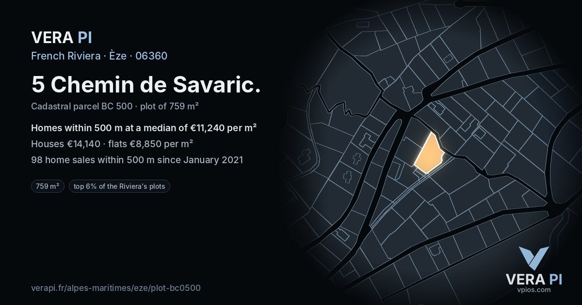 5 Chemin de Savaric, Èze at night – the plot lit, the parcels around coloured by the prices near them