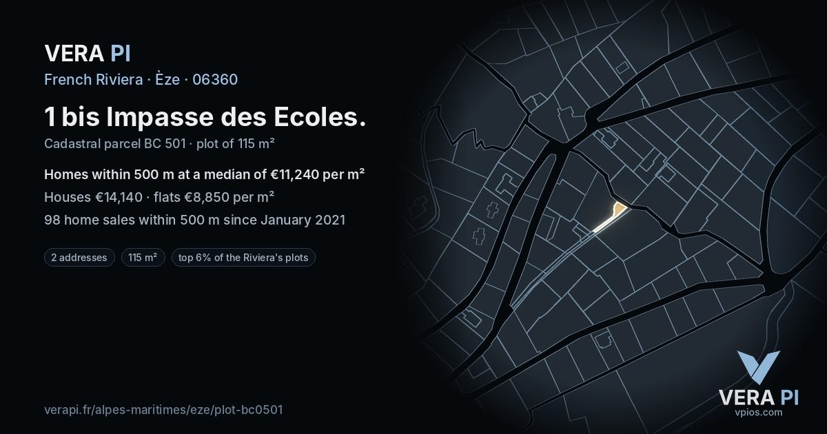 1 bis Impasse des Ecoles, Èze at night – the plot lit, the parcels around coloured by the prices near them