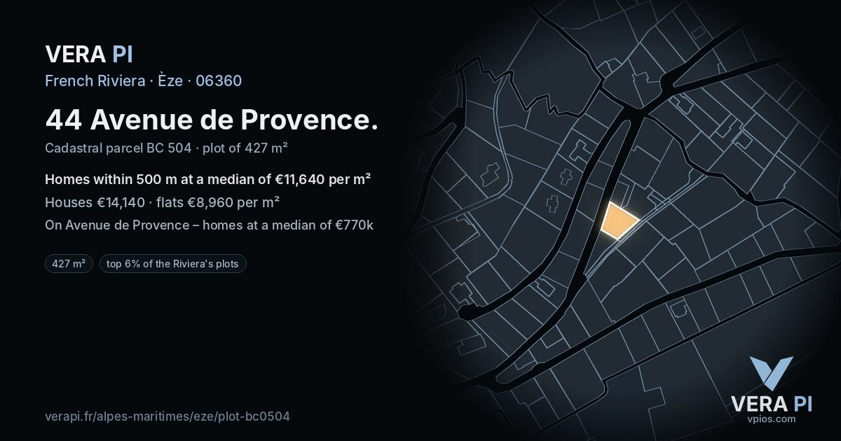 44 Avenue de Provence, Èze at night – the plot lit, the parcels around coloured by the prices near them