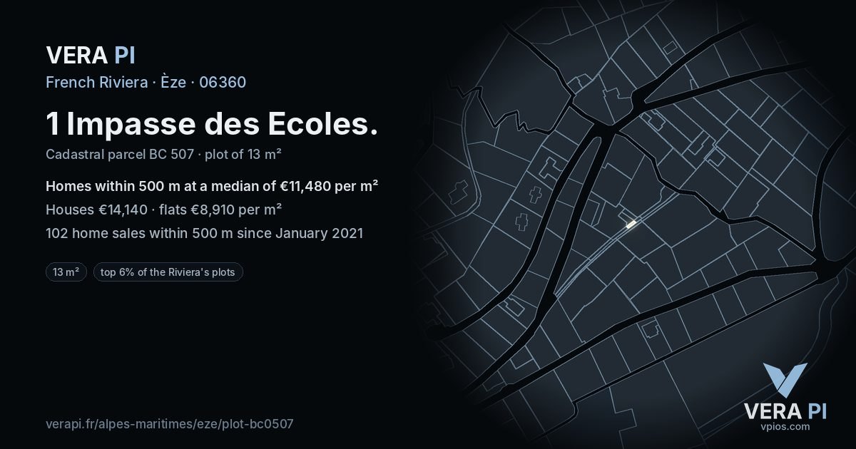 1 Impasse des Ecoles, Èze at night – the plot lit, the parcels around coloured by the prices near them