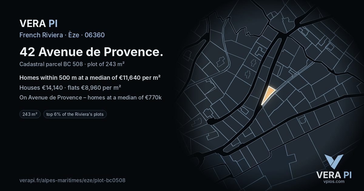 42 Avenue de Provence, Èze at night – the plot lit, the parcels around coloured by the prices near them