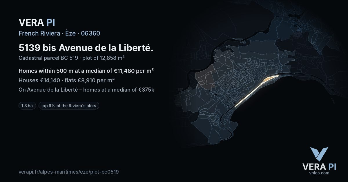 5139 bis Avenue de la Liberté, Èze at night – the plot lit, the parcels around coloured by the prices near them
