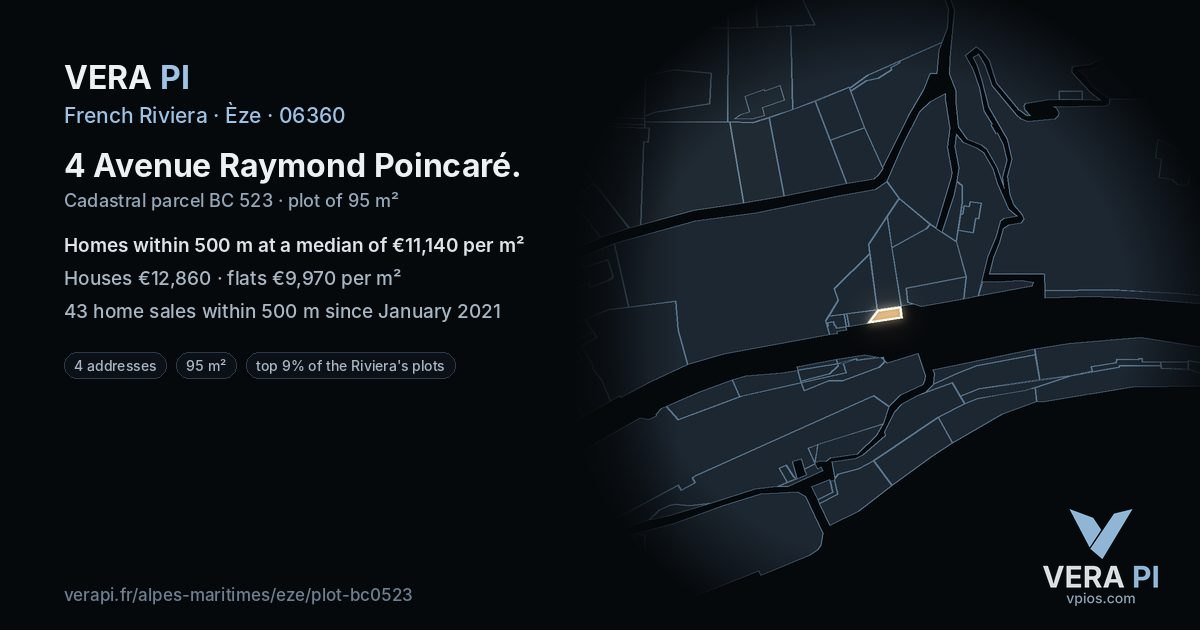 4 Avenue Raymond Poincaré, Èze at night – the plot lit, the parcels around coloured by the prices near them
