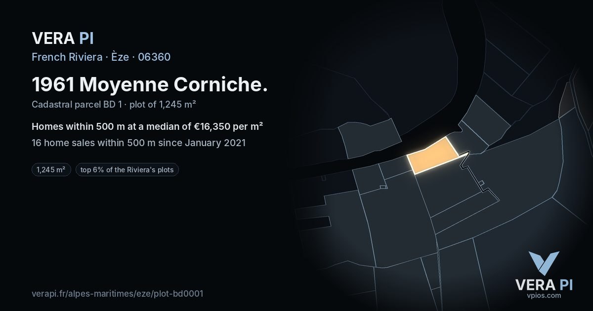 1961 Moyenne Corniche, Èze at night – the plot lit, the parcels around coloured by the prices near them