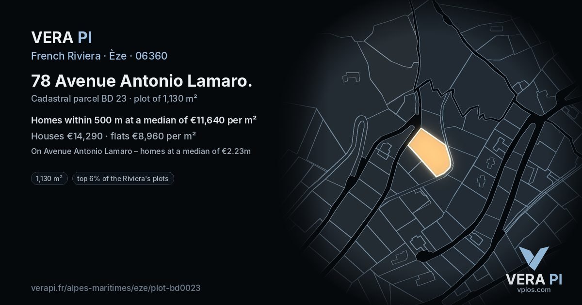 78 Avenue Antonio Lamaro, Èze at night – the plot lit, the parcels around coloured by the prices near them