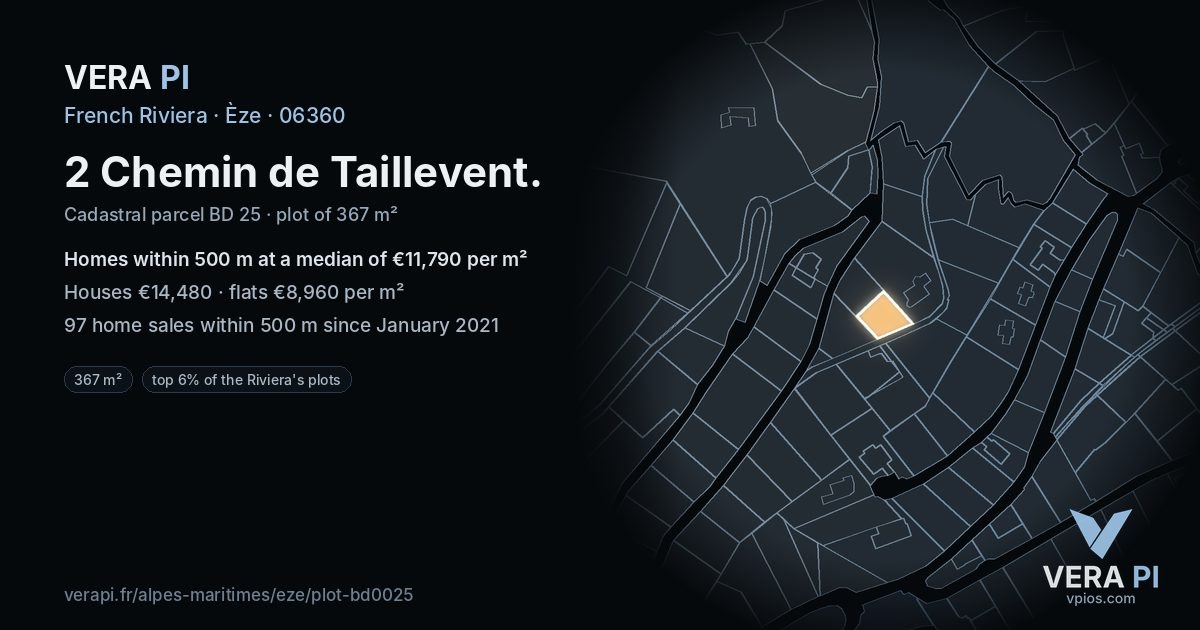2 Chemin de Taillevent, Èze at night – the plot lit, the parcels around coloured by the prices near them
