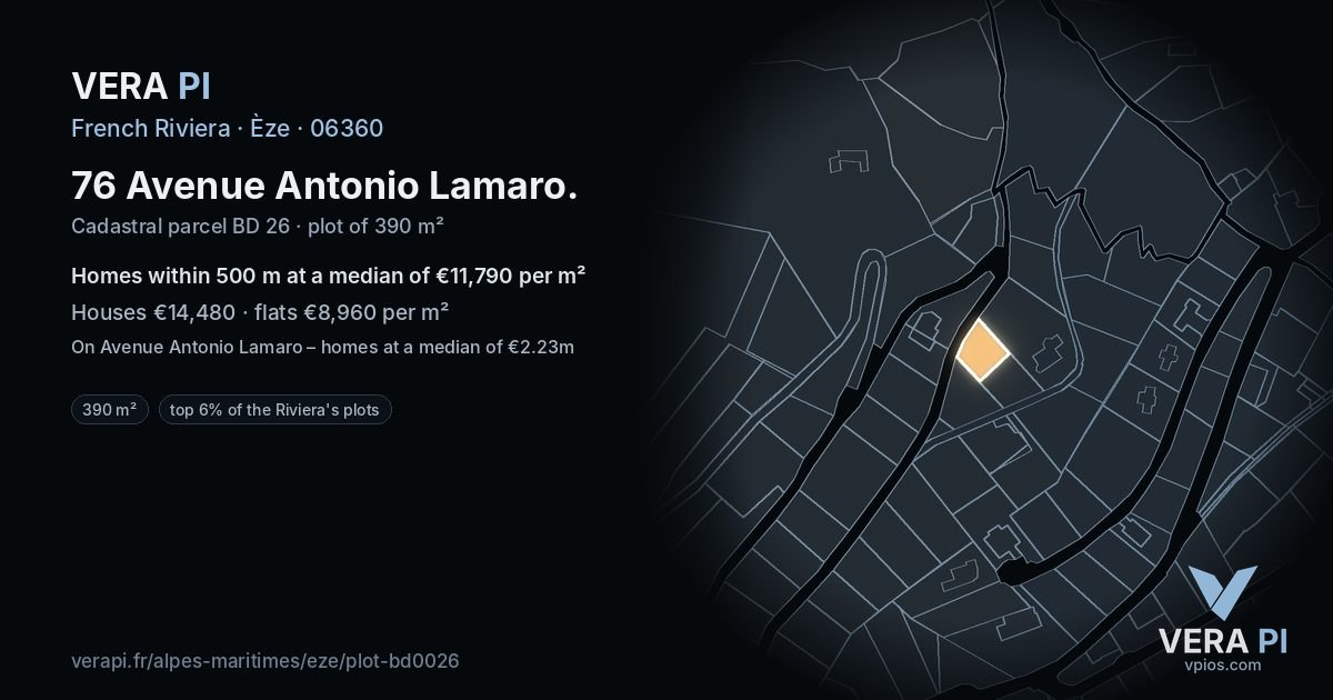 76 Avenue Antonio Lamaro, Èze at night – the plot lit, the parcels around coloured by the prices near them