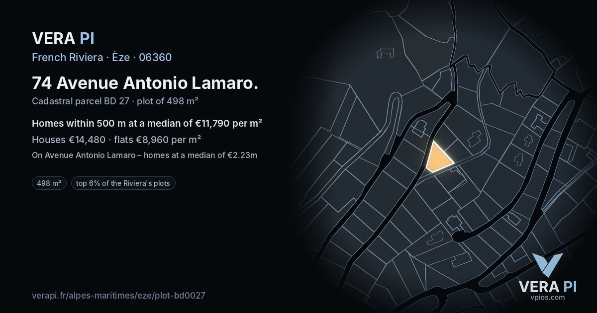 74 Avenue Antonio Lamaro, Èze at night – the plot lit, the parcels around coloured by the prices near them