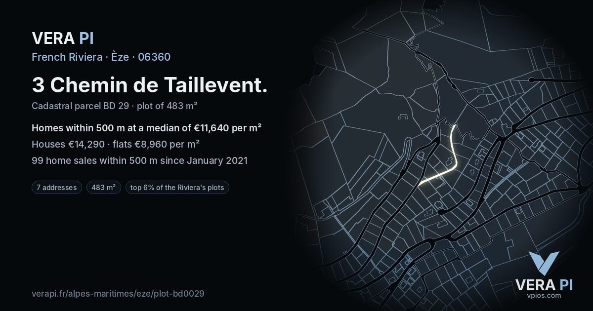 3 Chemin de Taillevent, Èze at night – the plot lit, the parcels around coloured by the prices near them