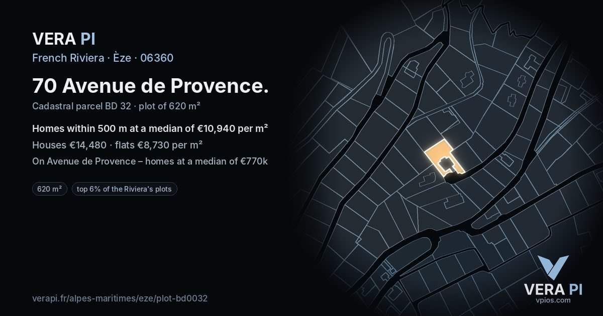 70 Avenue de Provence, Èze at night – the plot lit, the parcels around coloured by the prices near them
