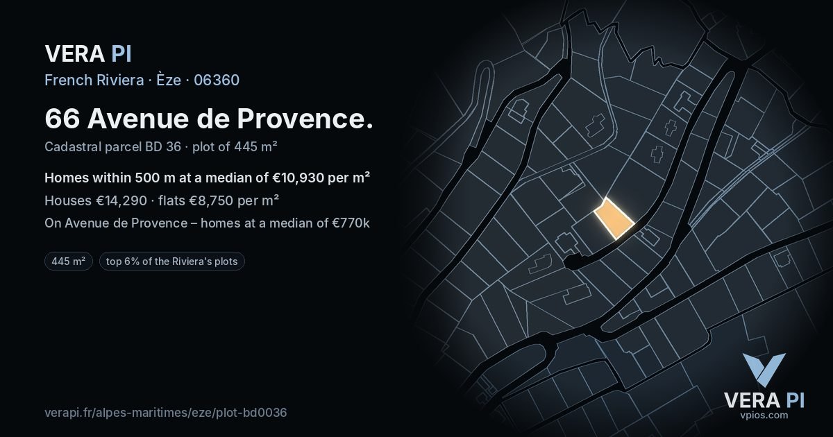 66 Avenue de Provence, Èze at night – the plot lit, the parcels around coloured by the prices near them