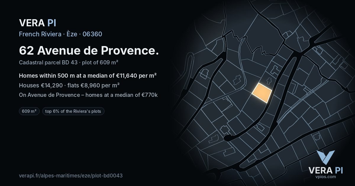 62 Avenue de Provence, Èze at night – the plot lit, the parcels around coloured by the prices near them