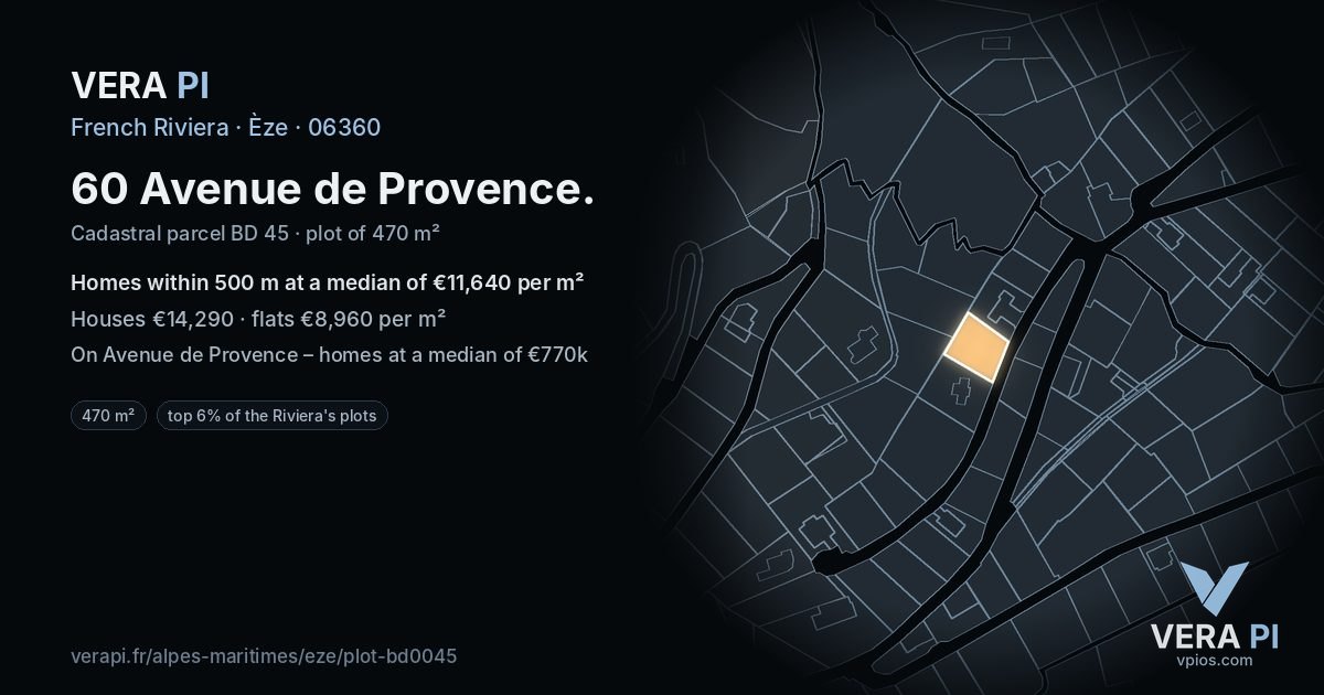 60 Avenue de Provence, Èze at night – the plot lit, the parcels around coloured by the prices near them