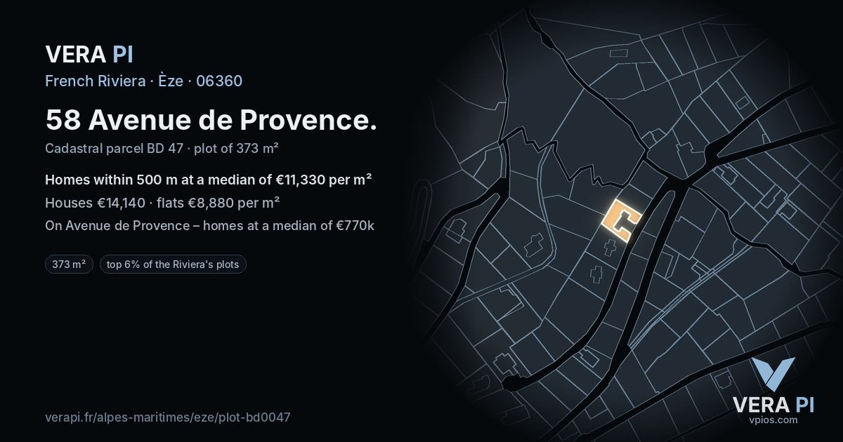58 Avenue de Provence, Èze at night – the plot lit, the parcels around coloured by the prices near them