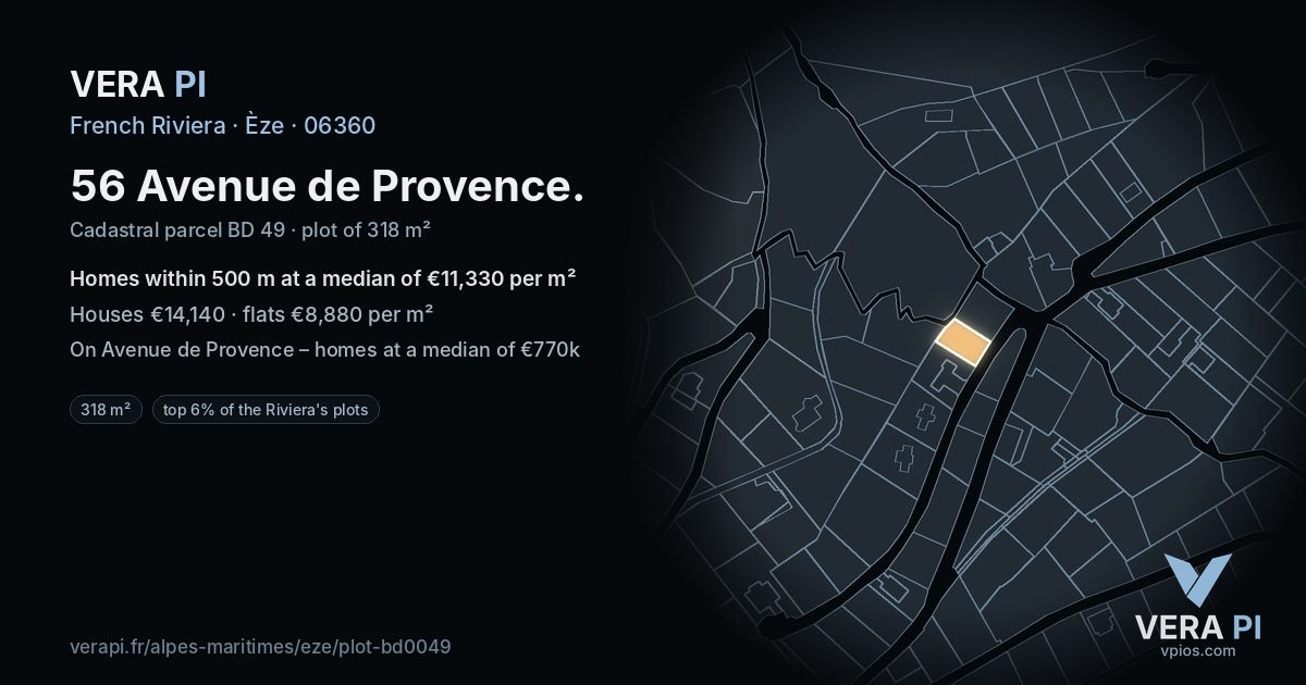 56 Avenue de Provence, Èze at night – the plot lit, the parcels around coloured by the prices near them