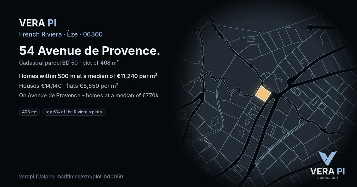 54 Avenue de Provence, Èze at night – the plot lit, the parcels around coloured by the prices near them