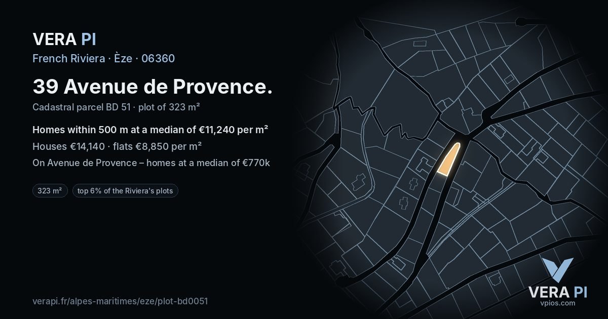 39 Avenue de Provence, Èze at night – the plot lit, the parcels around coloured by the prices near them