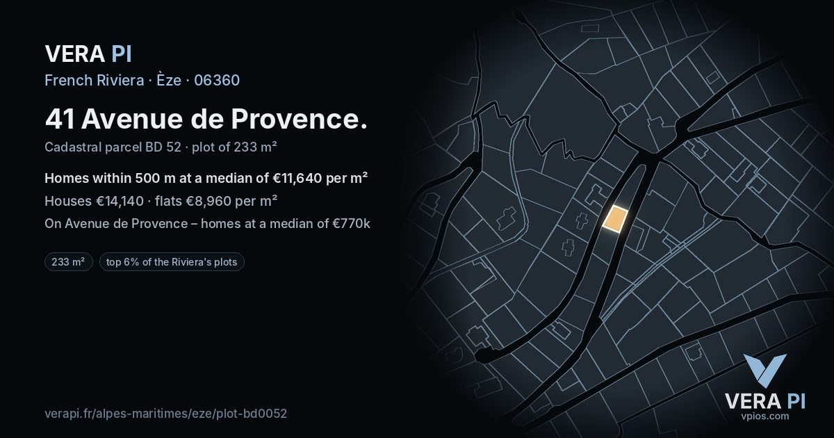 41 Avenue de Provence, Èze at night – the plot lit, the parcels around coloured by the prices near them