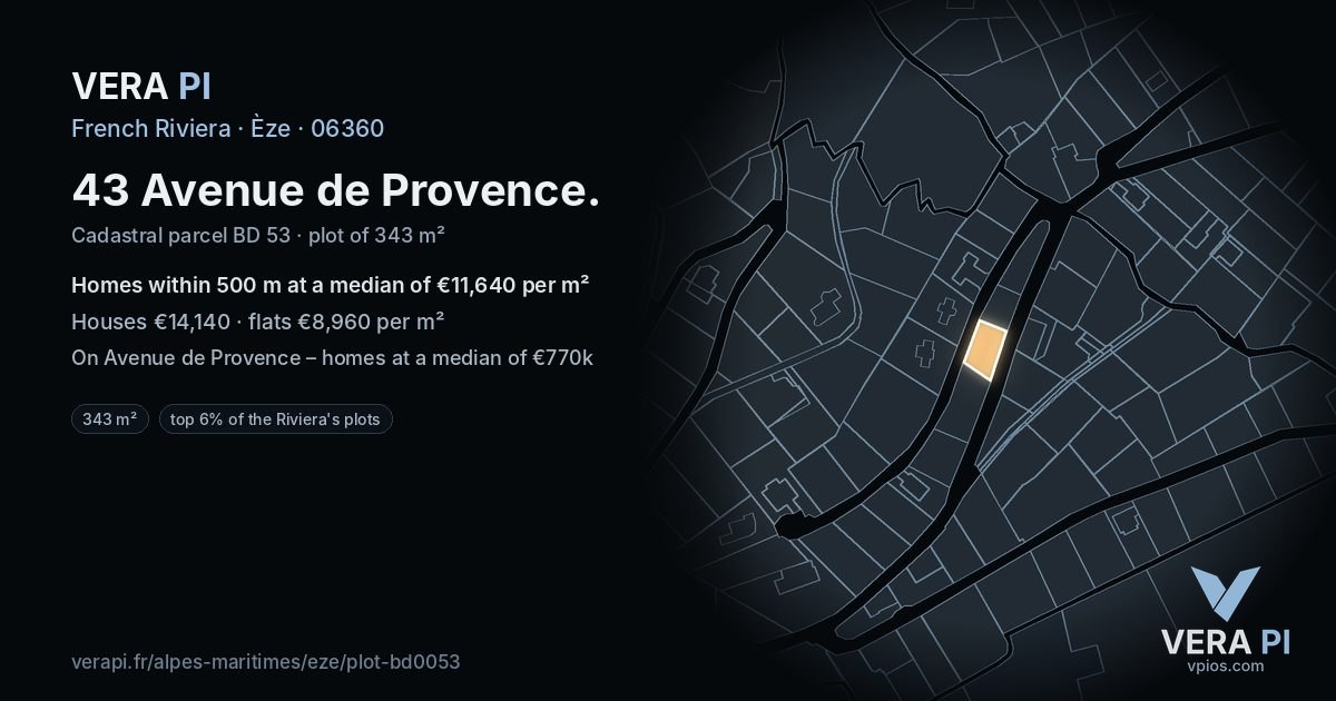 43 Avenue de Provence, Èze at night – the plot lit, the parcels around coloured by the prices near them