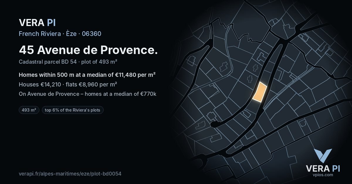 45 Avenue de Provence, Èze at night – the plot lit, the parcels around coloured by the prices near them