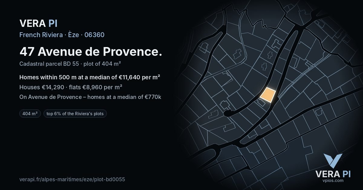 47 Avenue de Provence, Èze at night – the plot lit, the parcels around coloured by the prices near them