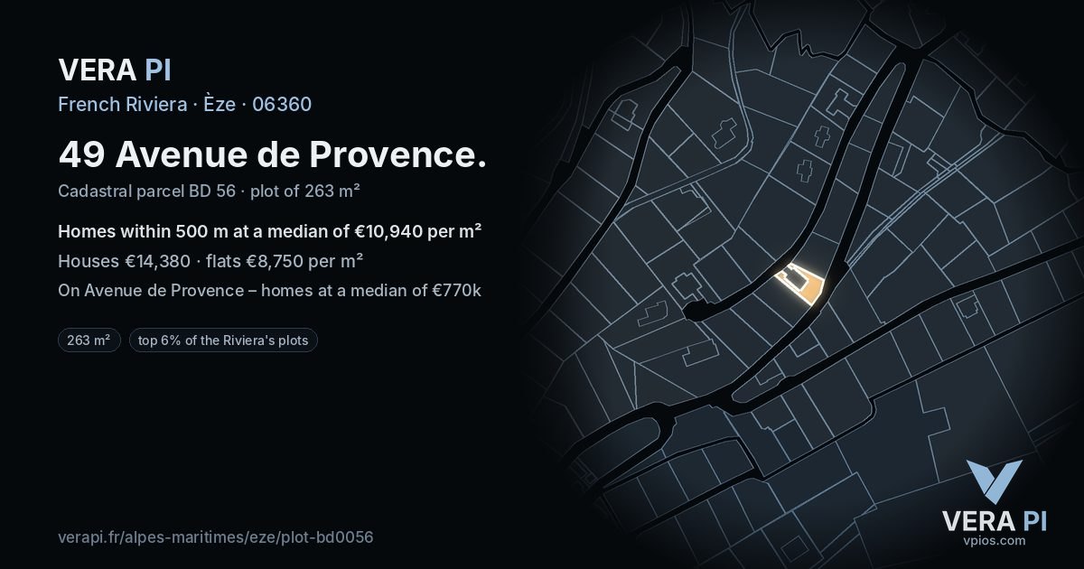 49 Avenue de Provence, Èze at night – the plot lit, the parcels around coloured by the prices near them
